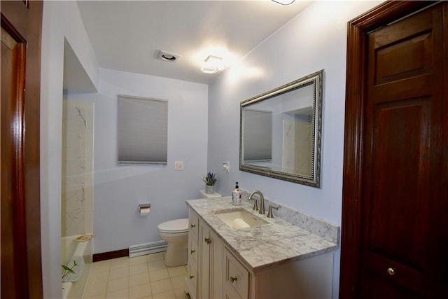 bathroom featuring toilet, walk in shower, and vanity