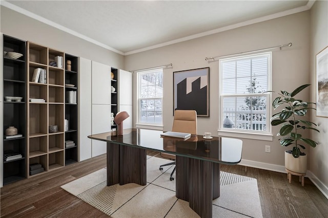 office with crown molding and wood-type flooring