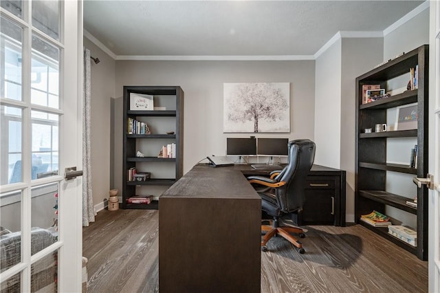 home office featuring crown molding and dark hardwood / wood-style floors