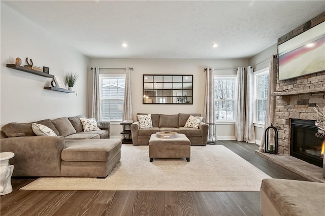 living room featuring hardwood / wood-style floors and a stone fireplace