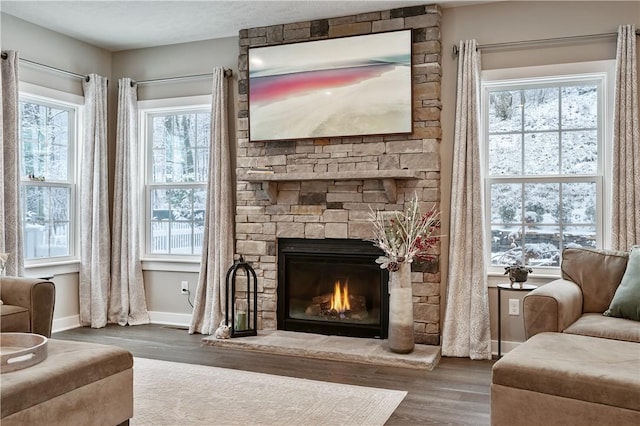 living room featuring dark hardwood / wood-style flooring and a fireplace