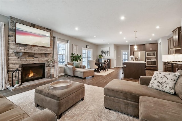 living room featuring a fireplace and hardwood / wood-style flooring