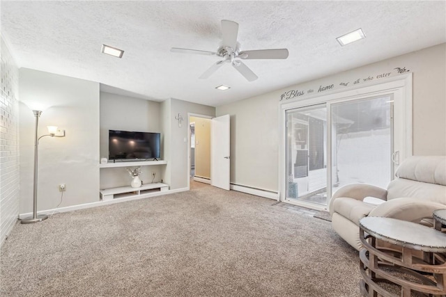 living room featuring a textured ceiling, ceiling fan, a baseboard radiator, and carpet