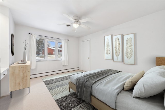 bedroom featuring a baseboard heating unit and ceiling fan