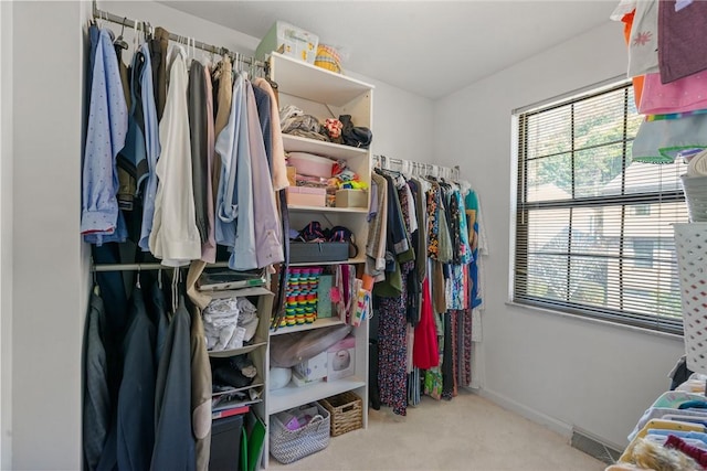 spacious closet featuring light colored carpet