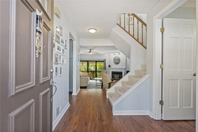 foyer featuring ceiling fan and dark hardwood / wood-style flooring