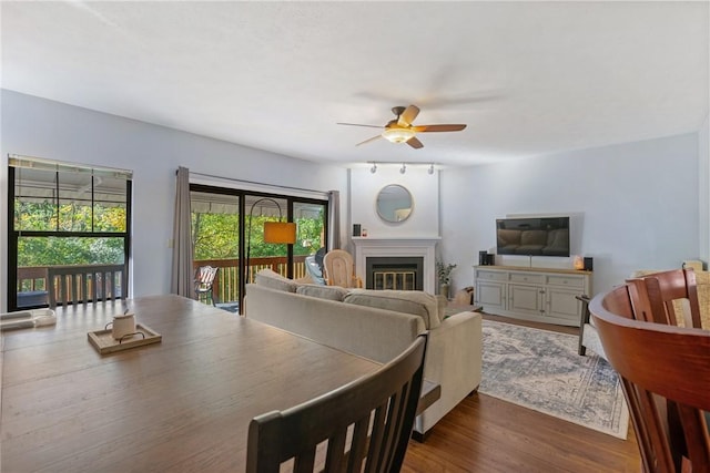 dining space featuring hardwood / wood-style flooring and ceiling fan