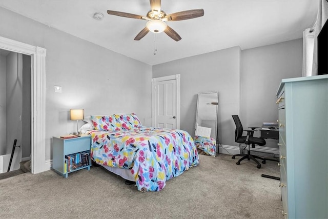 bedroom with light colored carpet and ceiling fan