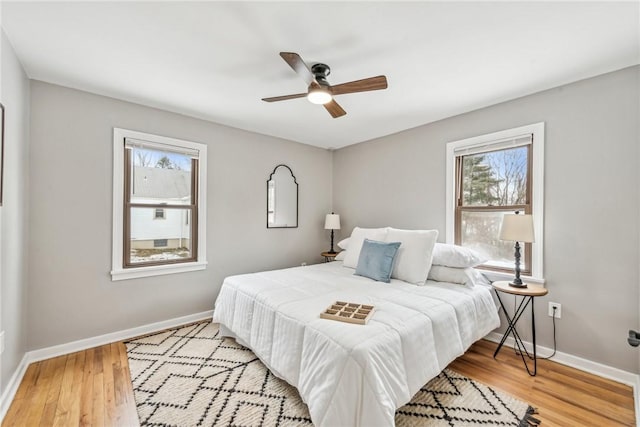 bedroom featuring ceiling fan and light hardwood / wood-style flooring