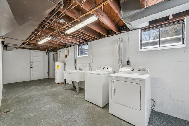 laundry room with water heater, washing machine and clothes dryer, and sink