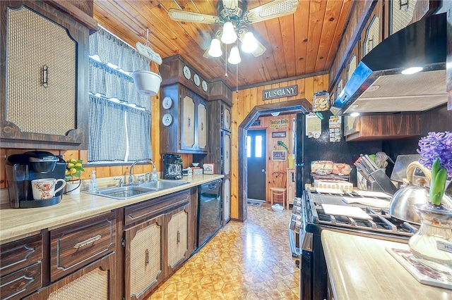 kitchen featuring dishwasher, wooden ceiling, wood walls, ventilation hood, and sink