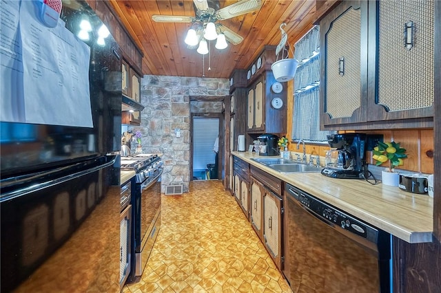 kitchen with sink, wooden ceiling, ceiling fan, and black appliances