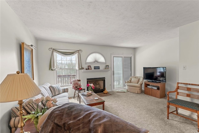 carpeted living room with a textured ceiling