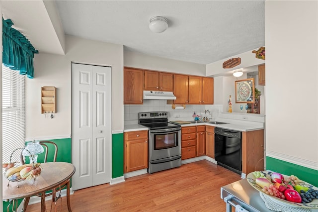 kitchen with dishwasher, light hardwood / wood-style floors, tasteful backsplash, stainless steel electric range, and sink