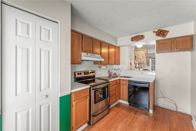 kitchen featuring dishwasher, light hardwood / wood-style floors, tasteful backsplash, stainless steel electric range oven, and sink