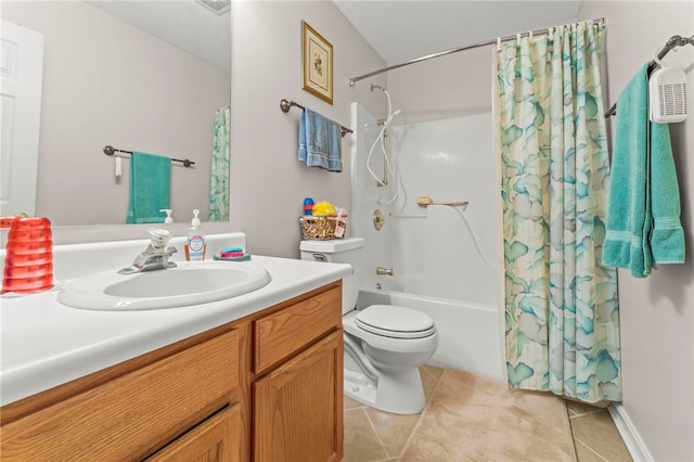 full bathroom featuring shower / bathtub combination with curtain, vanity, tile patterned floors, and toilet