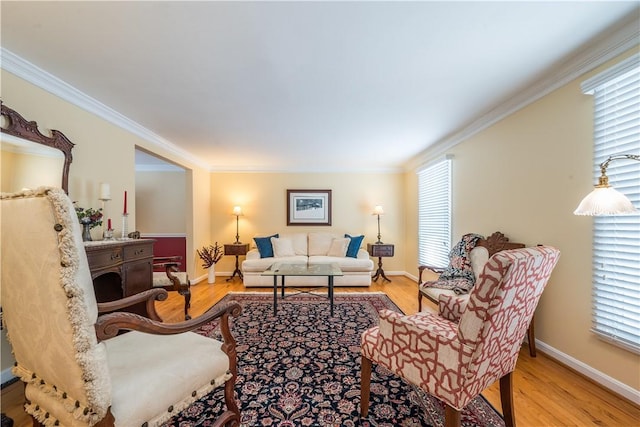 living room featuring light wood-type flooring and crown molding