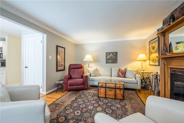 living room with a fireplace, ornamental molding, and light hardwood / wood-style floors