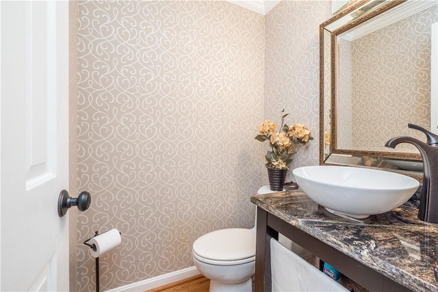 bathroom with toilet, vanity, and hardwood / wood-style flooring