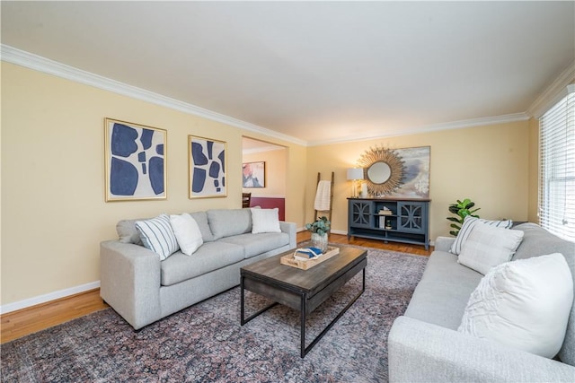 living room with baseboards, wood finished floors, and crown molding