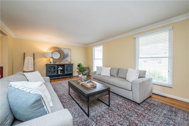 living room with baseboards, wood finished floors, and crown molding