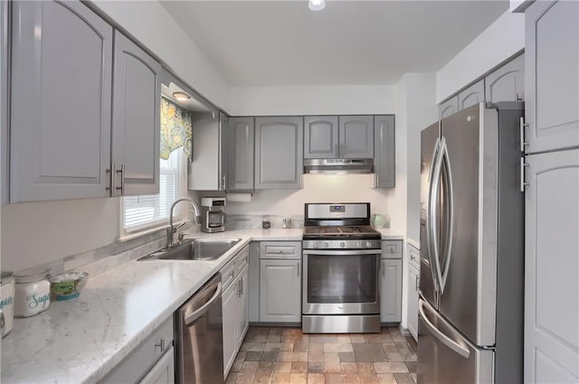 kitchen with sink, gray cabinetry, and appliances with stainless steel finishes