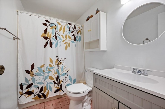 bathroom with toilet, tile patterned flooring, a shower with shower curtain, and vanity