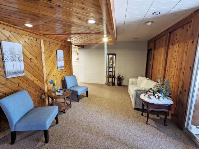 sitting room with wooden walls and carpet flooring