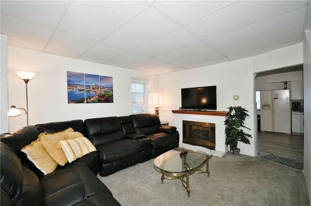 living room featuring carpet floors and a drop ceiling