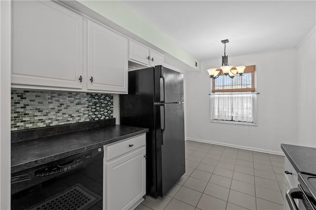 kitchen with black appliances, an inviting chandelier, backsplash, white cabinets, and light tile patterned flooring