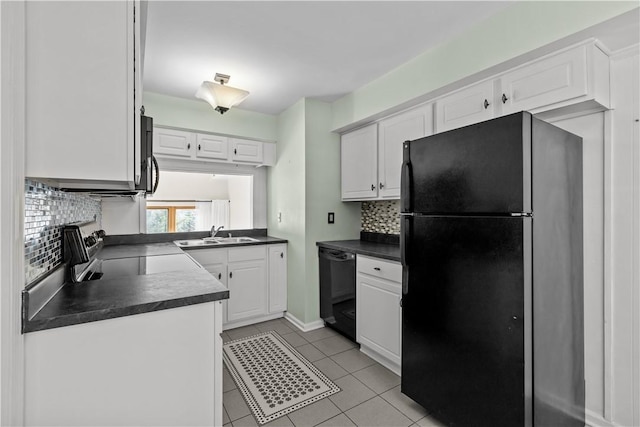 kitchen with black appliances, tasteful backsplash, white cabinets, light tile patterned flooring, and sink