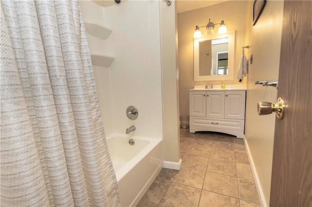 bathroom with vanity, tile patterned flooring, and shower / bath combo with shower curtain