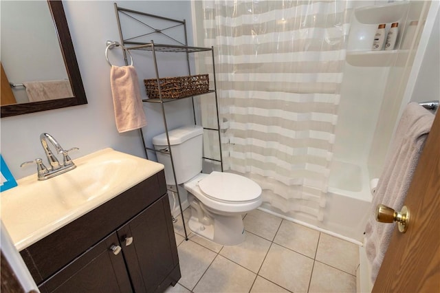 full bathroom featuring toilet, shower / bathtub combination with curtain, tile patterned floors, and vanity