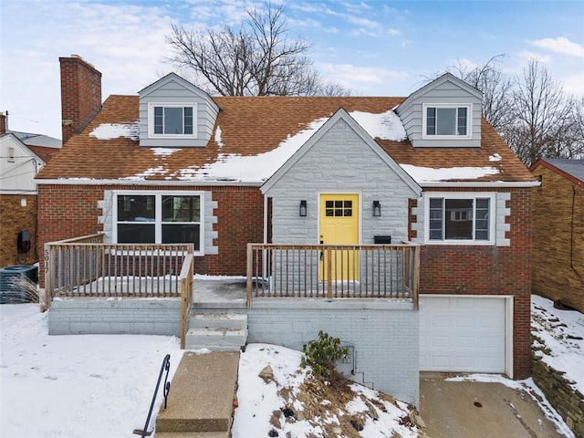 new england style home featuring a porch, central air condition unit, and a garage