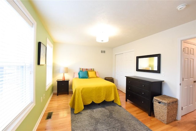 bedroom featuring hardwood / wood-style flooring, multiple windows, and a closet