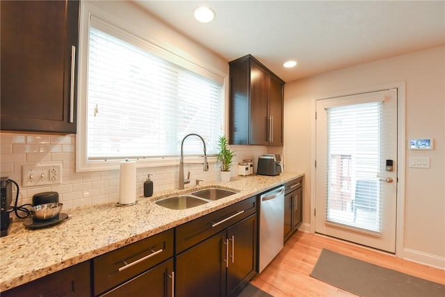 kitchen featuring dark brown cabinetry, sink, stainless steel dishwasher, light stone countertops, and backsplash