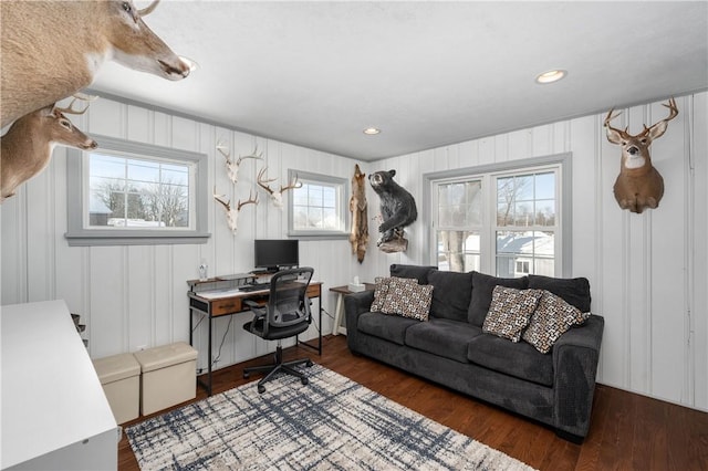 office area with dark hardwood / wood-style floors