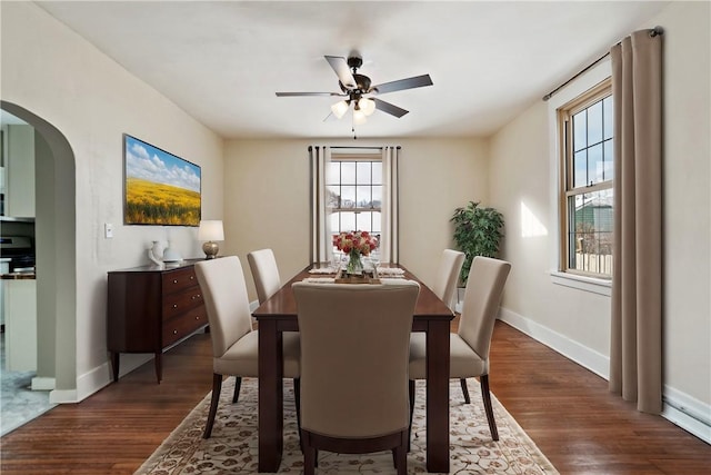 dining area featuring ceiling fan and dark wood-type flooring