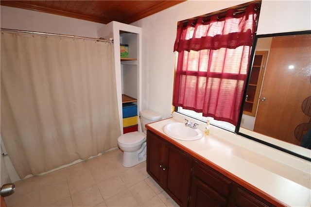 bathroom with wooden ceiling, crown molding, vanity, and toilet