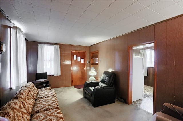 carpeted living room with wood walls