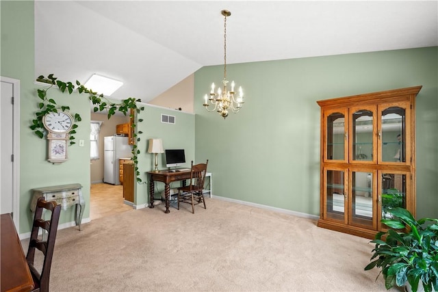 carpeted dining space featuring a notable chandelier and lofted ceiling