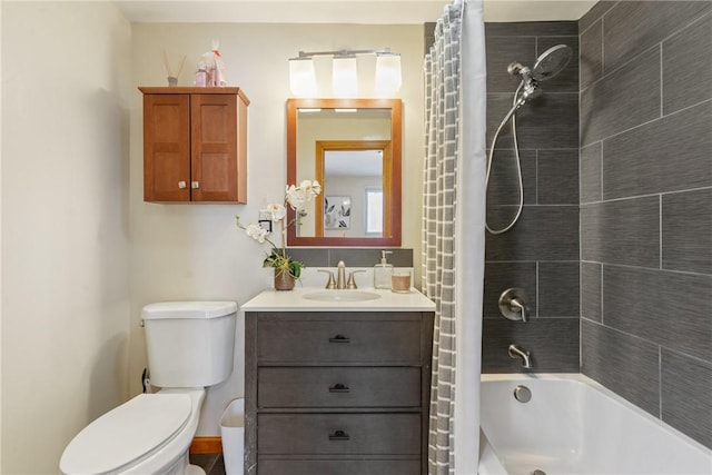 full bathroom featuring toilet, shower / tub combo with curtain, and vanity