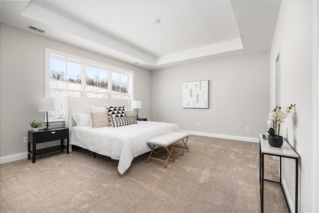 bedroom with a raised ceiling and carpet