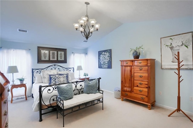 carpeted bedroom featuring lofted ceiling and a notable chandelier