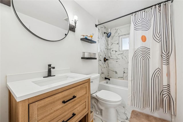 full bathroom with toilet, shower / bath combo with shower curtain, and vanity