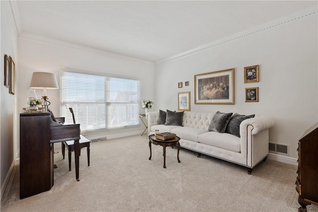 carpeted living room featuring crown molding