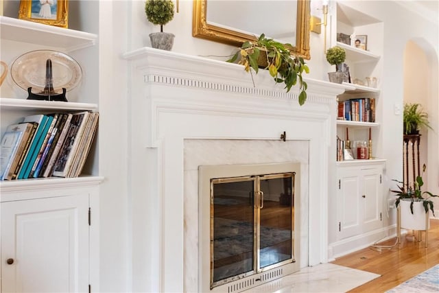 room details with wood-type flooring, a premium fireplace, and built in features