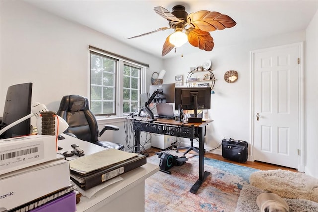 office featuring ceiling fan and light hardwood / wood-style flooring