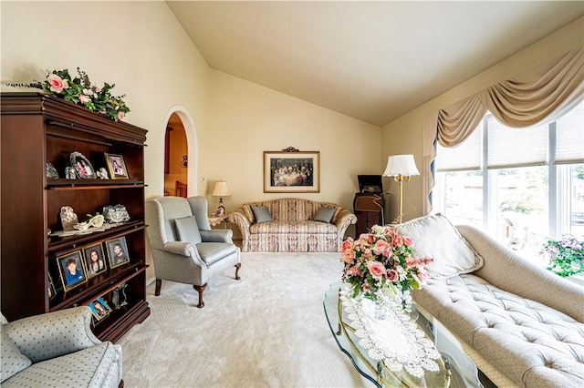 living room featuring carpet and vaulted ceiling