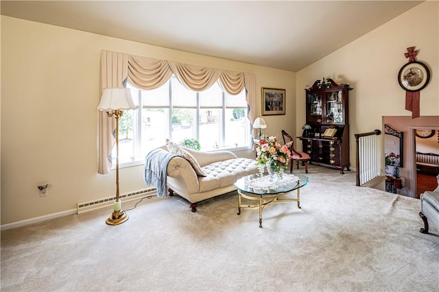 living room with baseboard heating, vaulted ceiling, carpet, and plenty of natural light